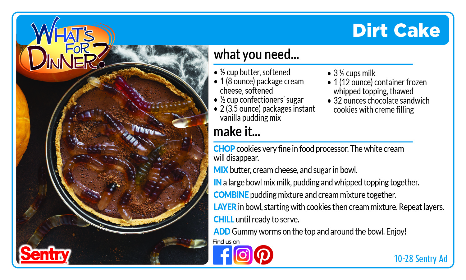 Dirt Cake Recipe Card